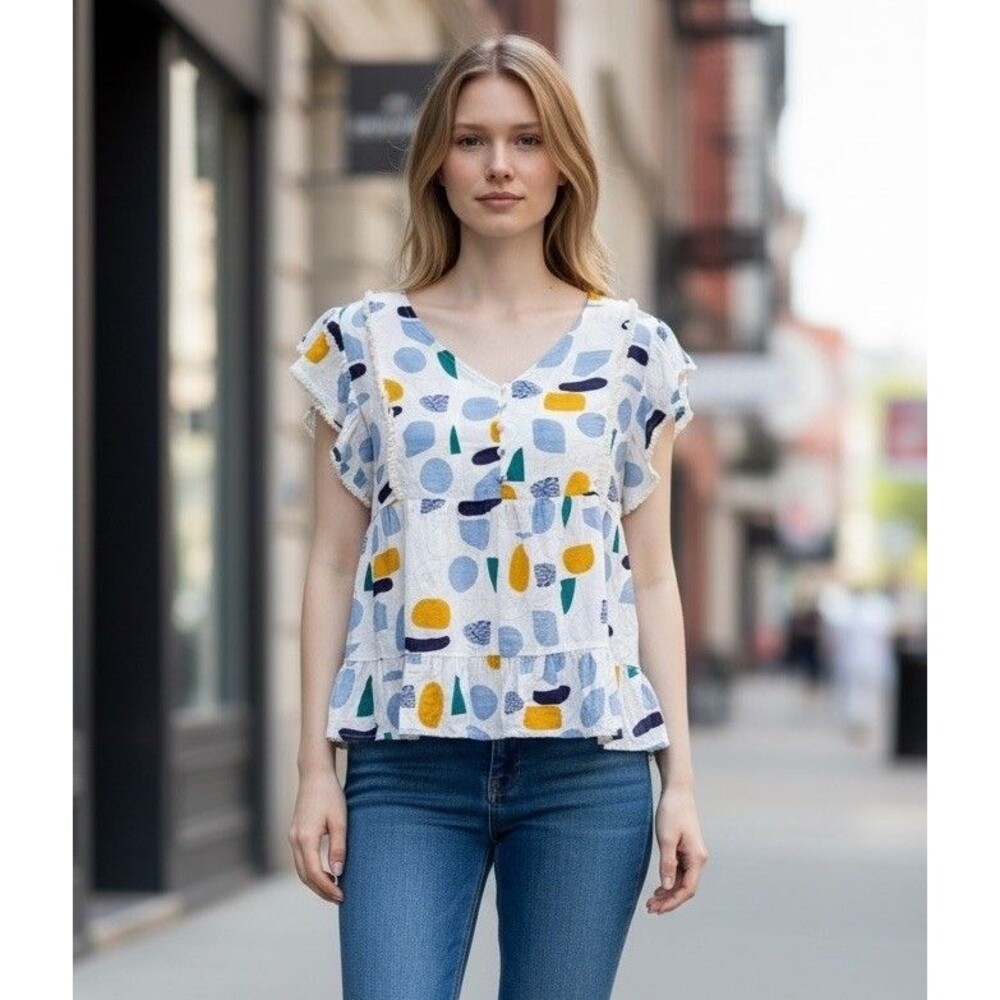THML Flutter Sleeve Peplum Top Women's Size Med White & Blue Floral Cotton Blend